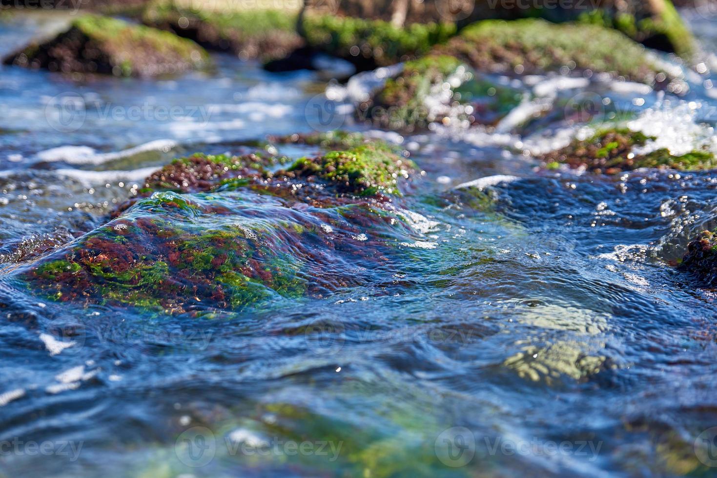 Oberfläche von Meerwasser, unter Wasser Algen und Steine foto