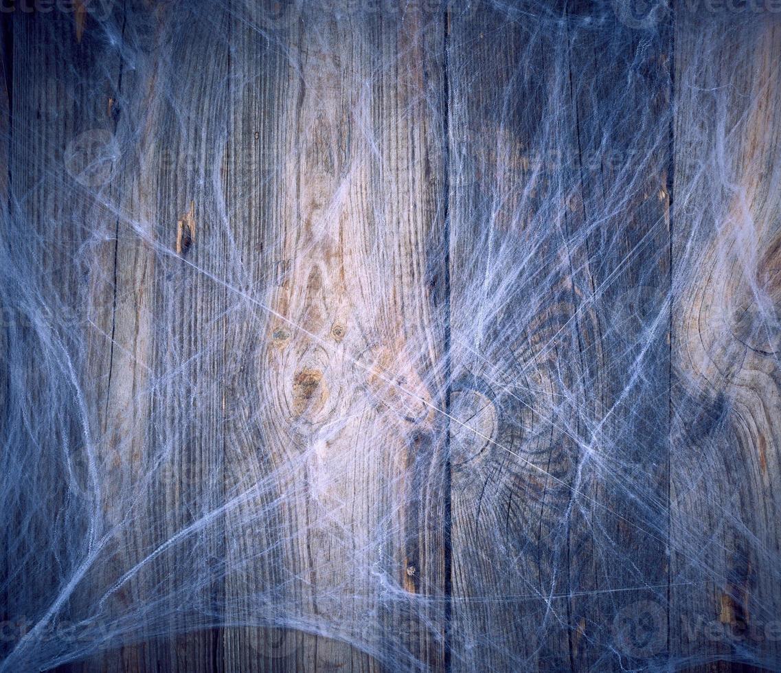 Weißes Spinnennetz in der Ecke der Komposition, grauer Holzhintergrund aus alten Brettern foto