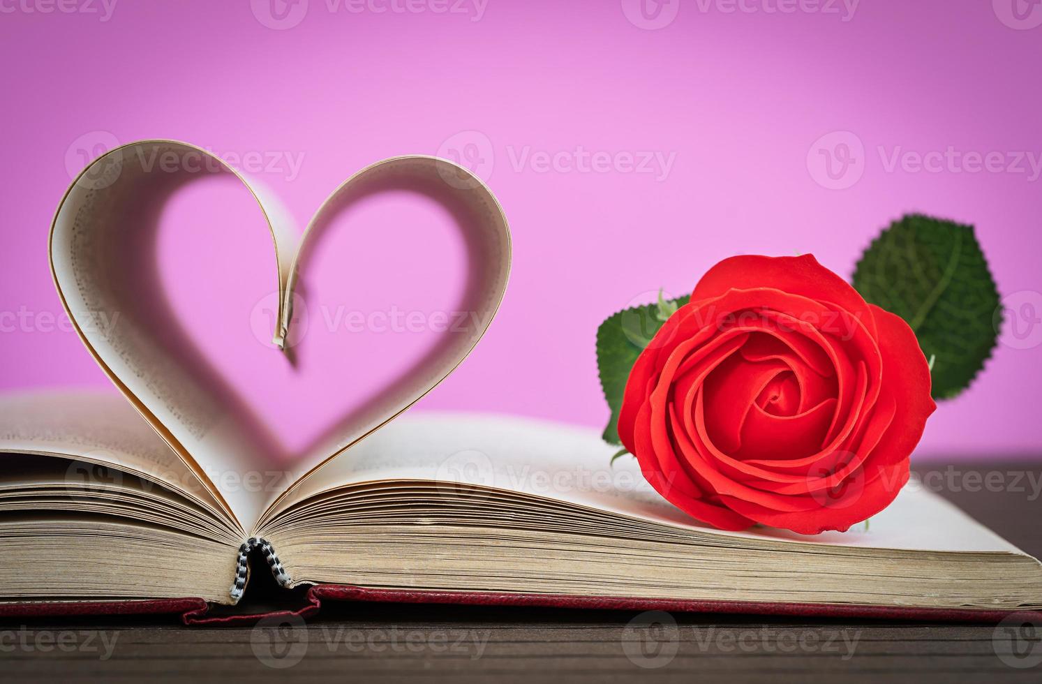Seite des Buches gebogene Herzform und rote Rose foto