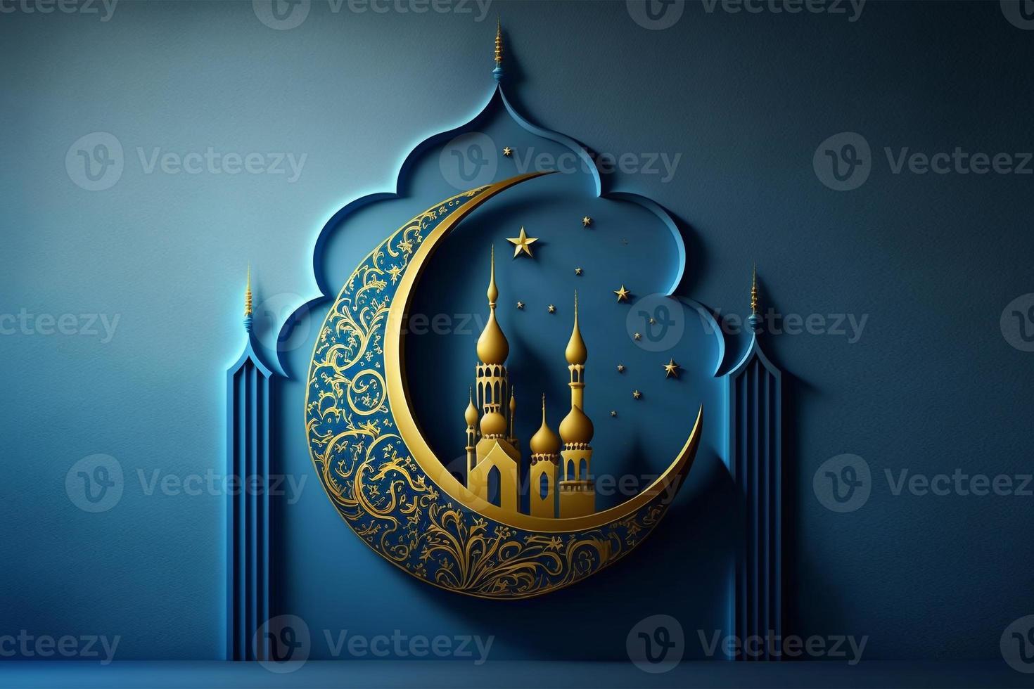 3D-Darstellung einer Moschee mit goldenem Mond und blauem Hintergrund mit Sternverzierung. foto