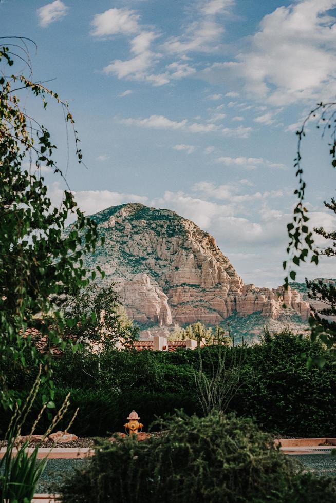 grüne Bäume nahe braunem Berg unter weißen Wolken während des Tages foto