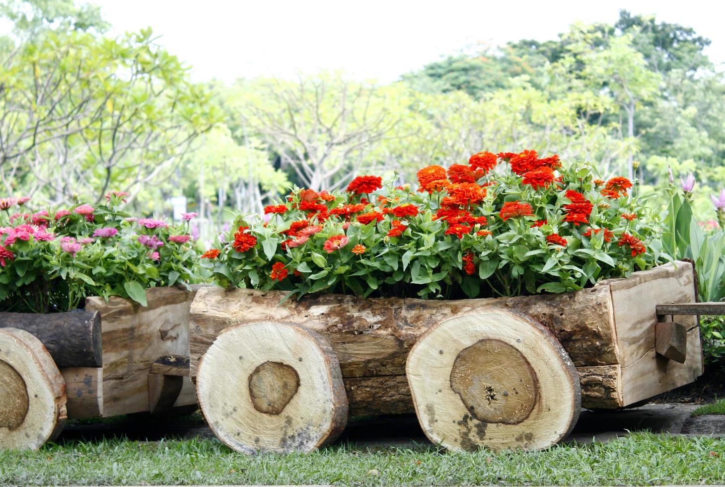 Holzwagen mit Blumen gefüllt foto