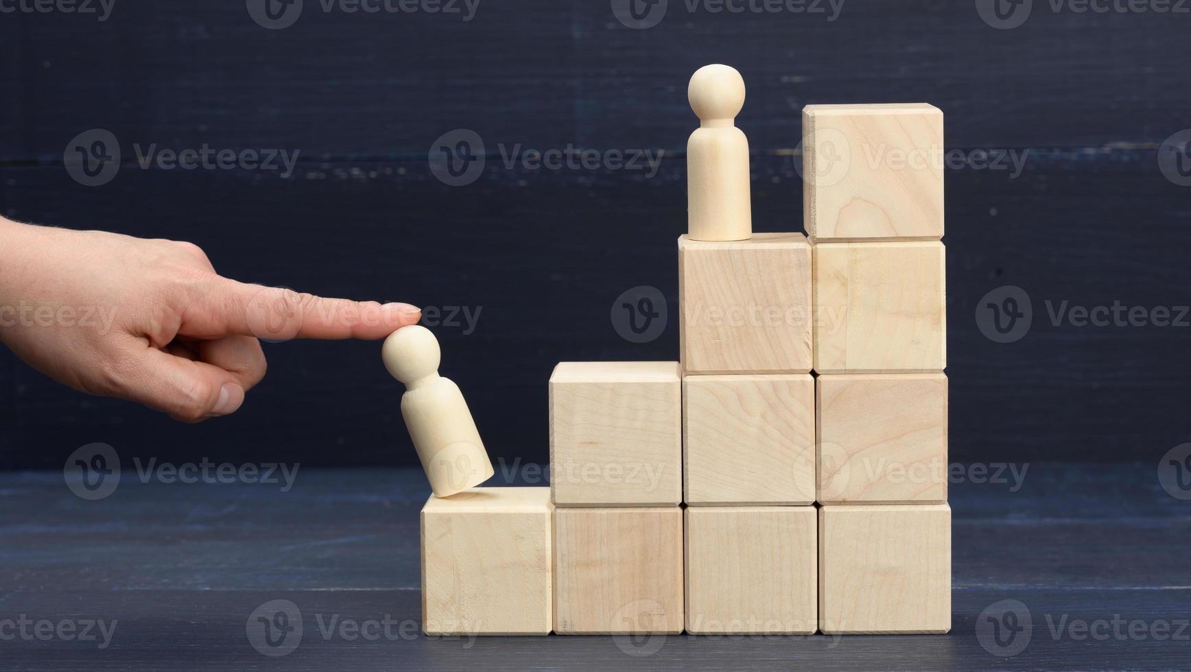 Die weibliche Hand hält eine Holzfigur eines Mannes auf der ersten Stufe der Pyramide. Persönliches Wachstum, Unternehmensleiter foto