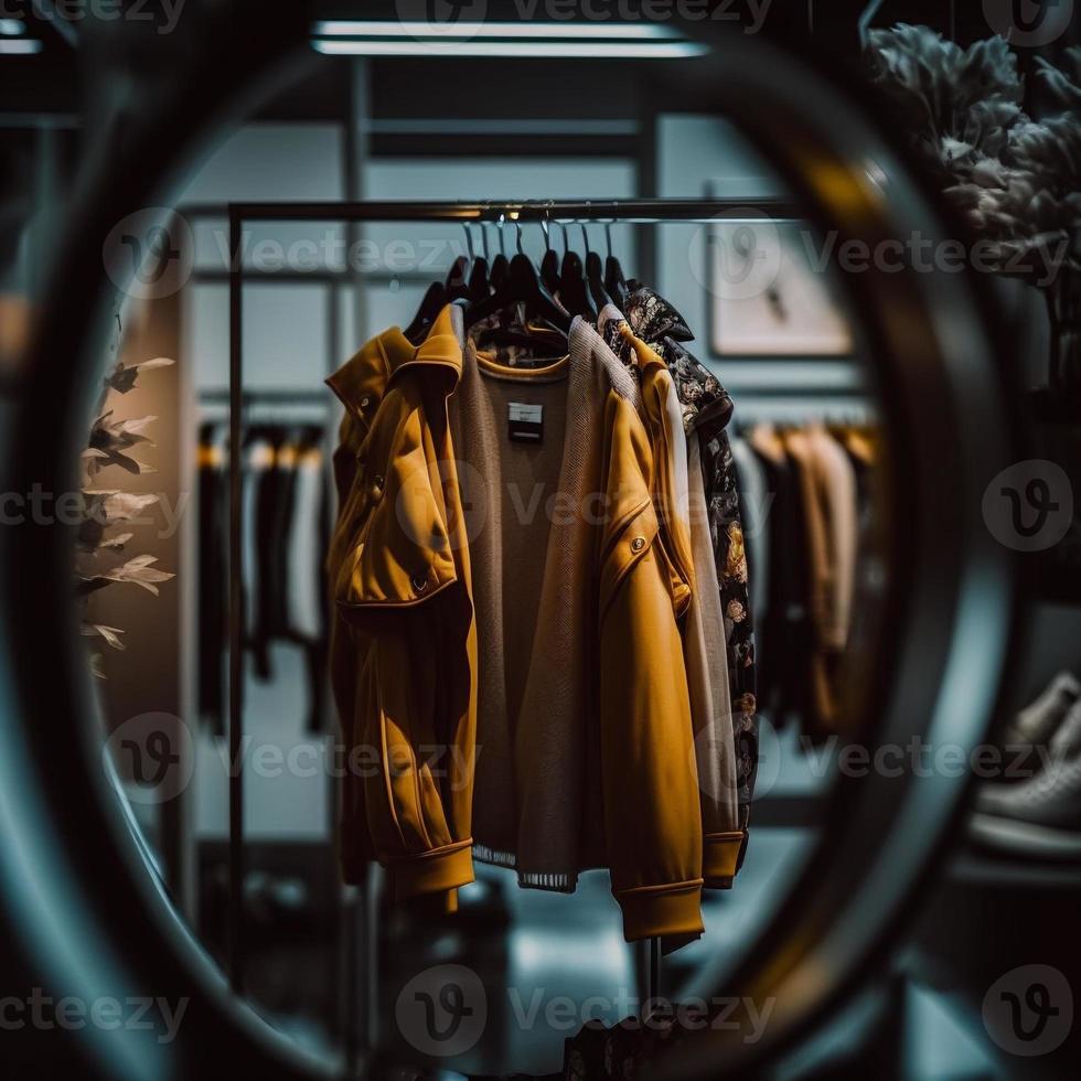 Fotogeschäft für Kleidung, Kleidergeschäft auf Kleiderbügel in der modernen Shop-Boutique foto