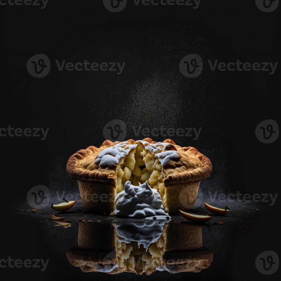 Foto Apfelkuchen auf schwarzem Hintergrund Lebensmittelfotografie