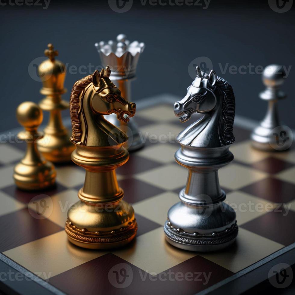 Gold- und Silberschach auf Schachbrettspiel für Geschäftsmetapher-Führungskonzept foto