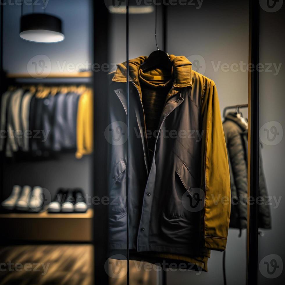 Fotogeschäft für Kleidung, Kleidergeschäft auf Kleiderbügel in der modernen Shop-Boutique foto