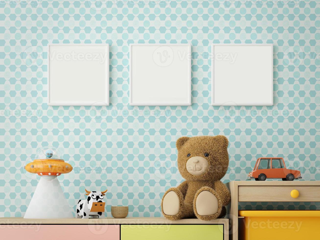 pastellzimmer für kinderschublade, regal und süßes bild auf blauem wallpaper.3d-rendering foto