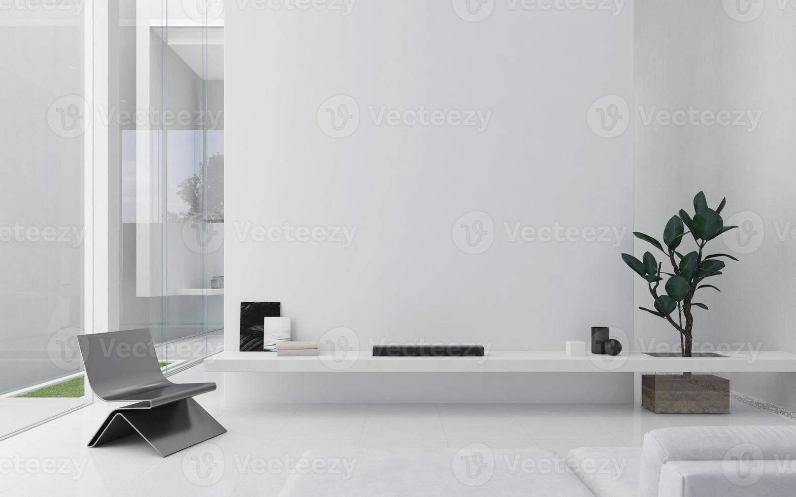 minimales innenwohnzimmer. schwarz-weiße möbel im weißen raum mit plant.3d-rendering foto