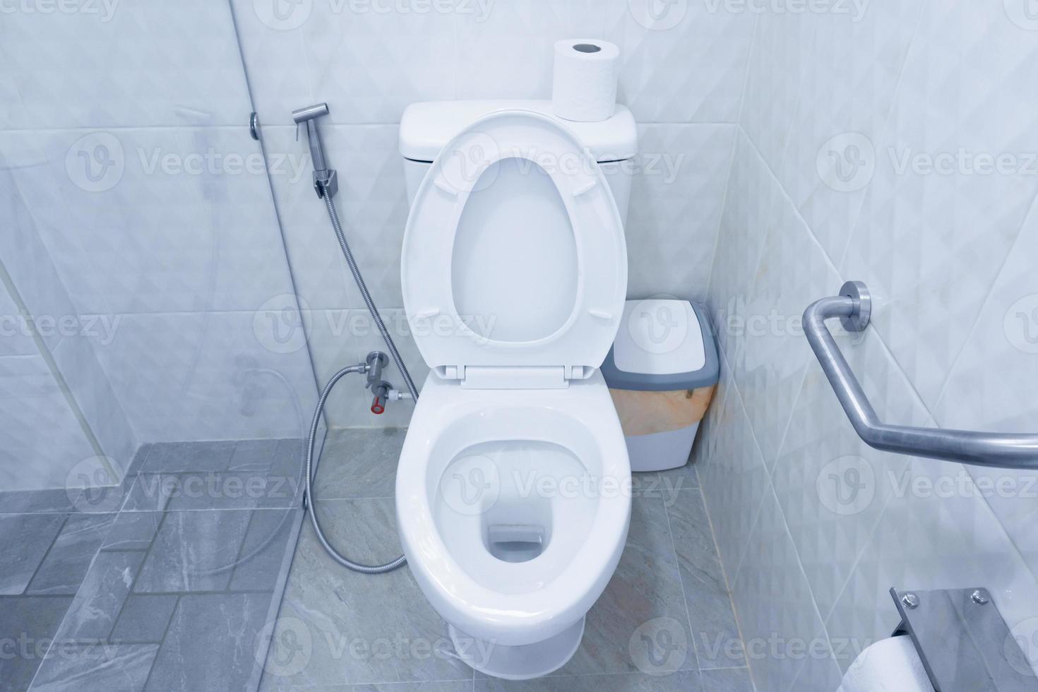 toilettenschüssel in einem modernen badezimmer mit mülleimern und toilettenpapier, toilettenspülung, sauberes badezimmer foto