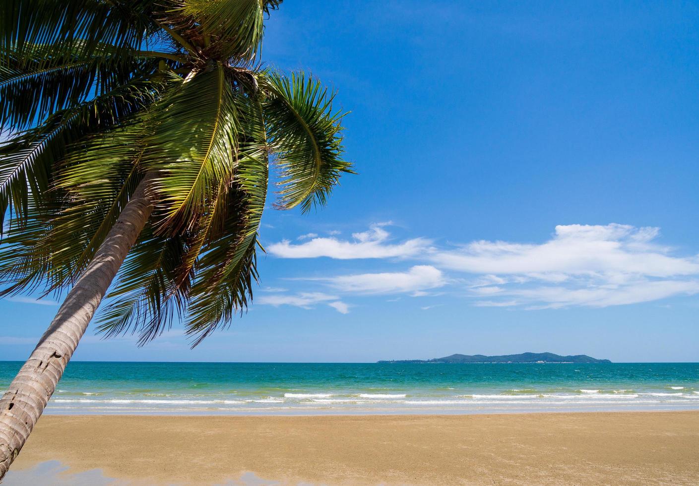 landschaft sommer panorama vorderansicht tropisch palmen und kokospalmen meer strand blau weiß sand himmel hintergrund ruhig natur ozean schön wellen wasser reisen bangsaen strand ostthailand chonburi foto