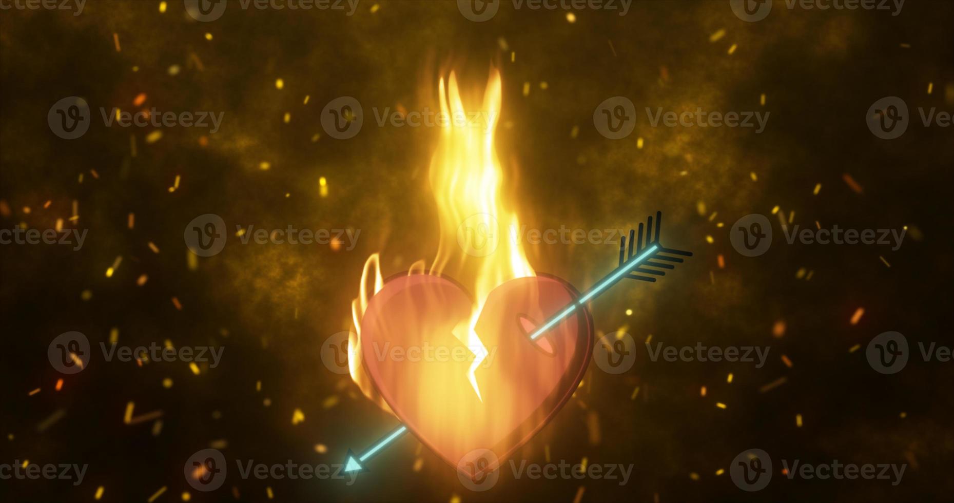 abstraktes feuriges liebevolles Herz, das in einer Flamme brennt, die von einem Amorpfeil auf einem Hintergrund von Funken durchbohrt wird foto