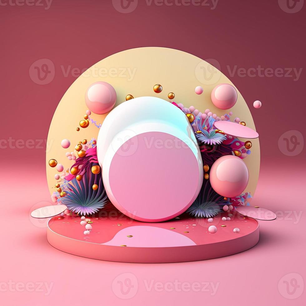 glänzende 3d-Rosa-Bühne mit Eiern und Blumen für die Produktpräsentation der Osterfeier foto