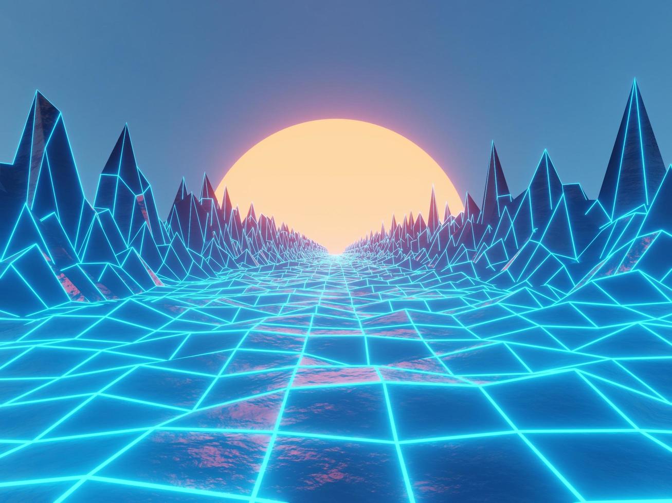 Science-Fiction-Straße mit einem leuchtenden Umriss. Ein futuristischer Pfad, umgeben von einem Berg mit einer strahlenden Sonne am Ende. Retrowave-Horizontlandschaft mit blauen Neonlichtern und Low-Poly-Gelände. foto