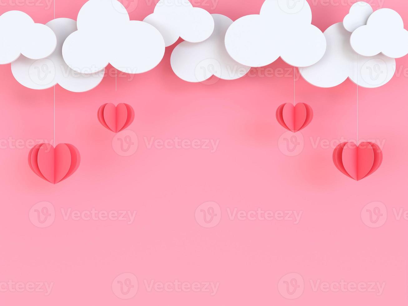 3D-Valentinsgrußschablone mit Wolken und Papier geschnittenem Herzen hing von oben. valentinstag-modell mit kopierraum. 3D-Darstellung. foto