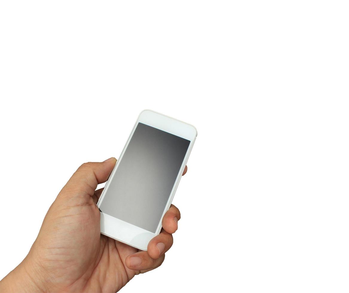 Telefon in der Hand auf weißem Hintergrund foto