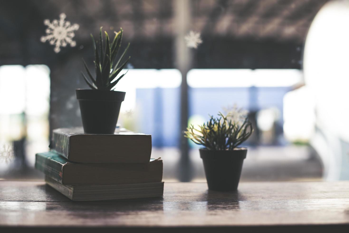 Kaktusblume mit einem Stapel Bücher auf Holztisch foto