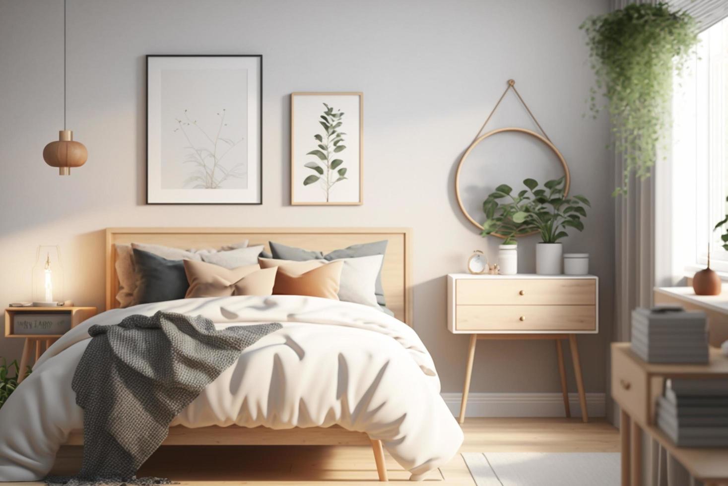 schlafzimmermodell im skandinavischen stil mit naturholzmöbeln und einem beigen farbschema foto
