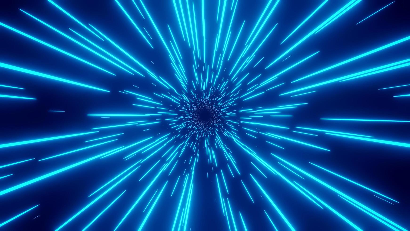 Hypergeschwindigkeits-Neonlicht. Retro-Blau-Neon-Hyper-Warp. Sci-Fi-Lichtgeschwindigkeit in der Galaxie. Zeitreise-Hypersprung. 3D-Darstellung. foto