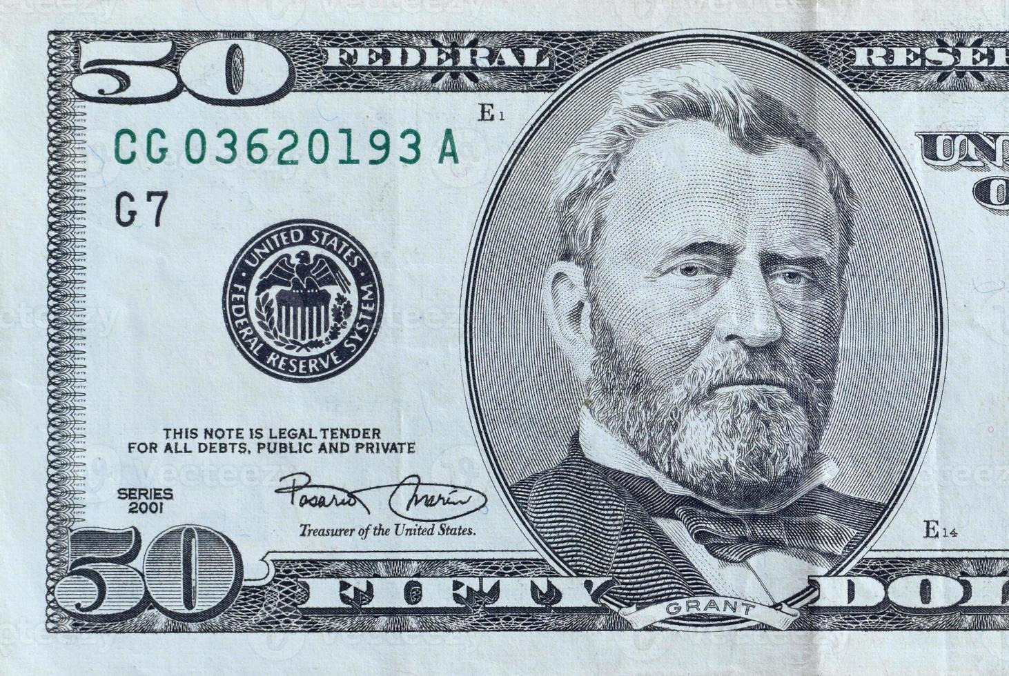 Porträt von US-Präsident Ulysses Simpson Grant auf 50-Dollar-Banknoten-Nahaufnahme-Makrofragment. Vereinigte Staaten fünfzig Dollar Geldschein foto