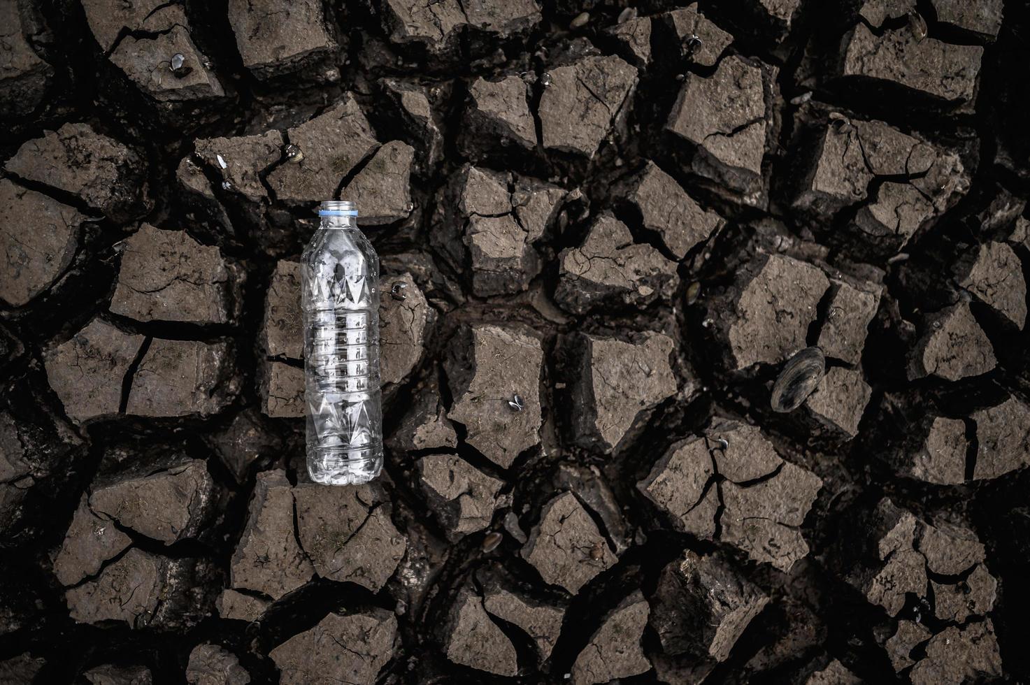 Wasserflasche auf trockenem Boden mit trockenem Land foto