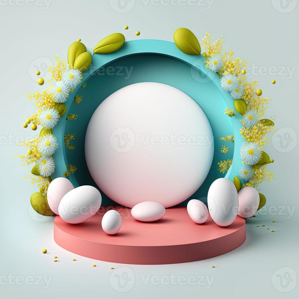 3d Illustration von ein Podium mit Ostern Eier, Blumen, und Grün Dekoration foto