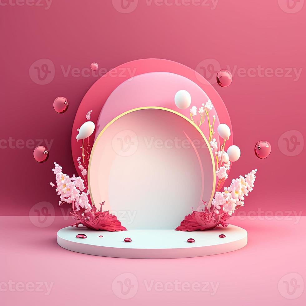 3d Rosa Illustration Podium dekoriert mit Eier und Blumen zum Produkt Anzeige Ostern Tag foto