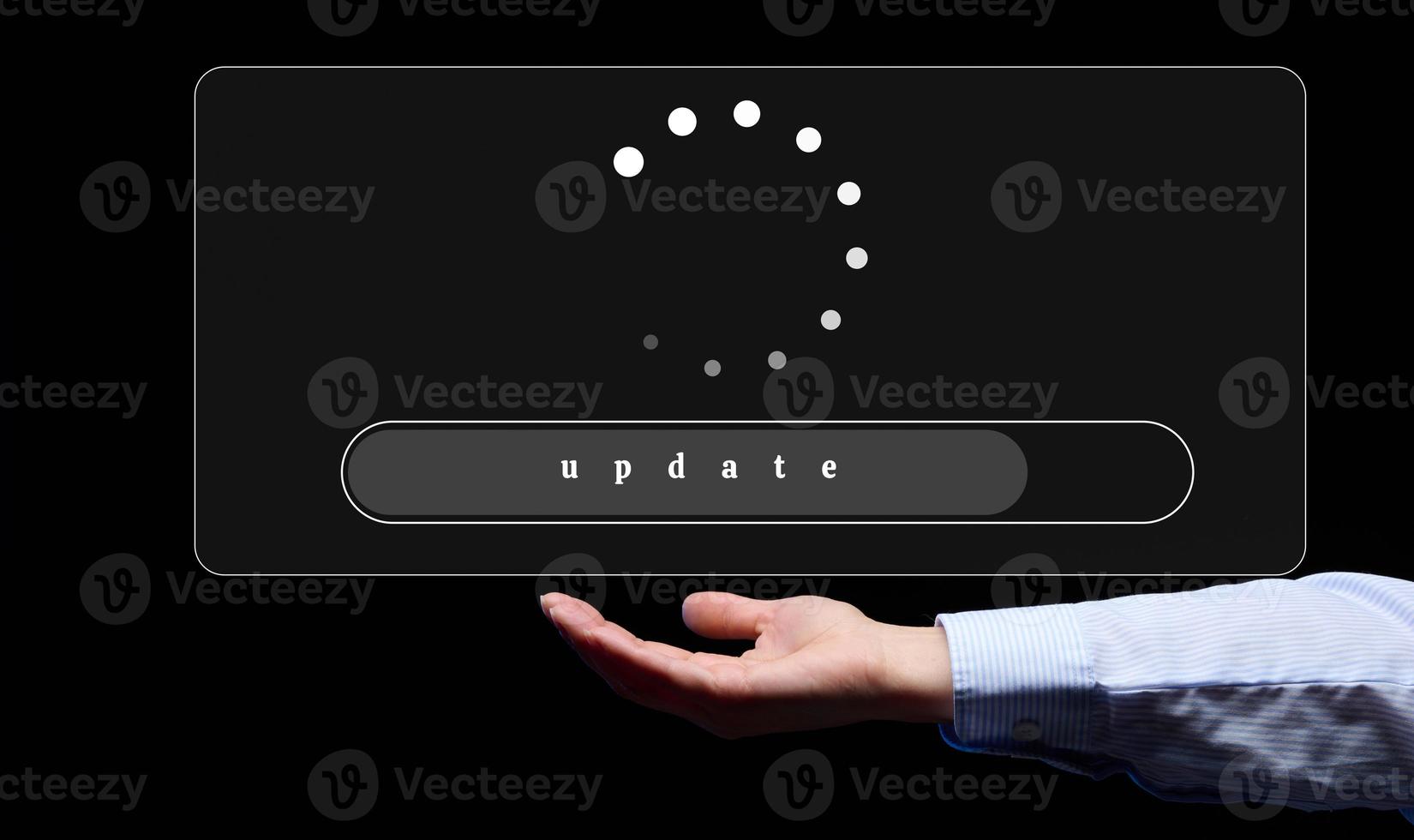 das Prozess von Aktualisierung das Programm, Seite? ˅. beginnend oben ein Neu Geschäft und ein Frau Hand auf ein schwarz Hintergrund foto