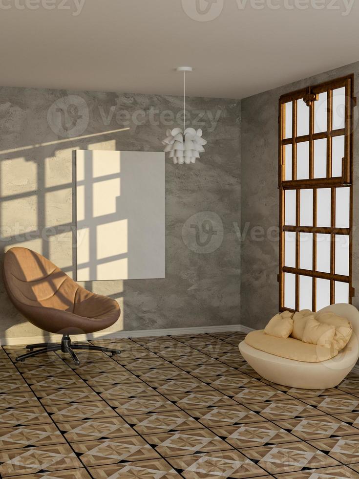 3D-Rendering des leeren Plakats im modernen Wohnzimmer foto