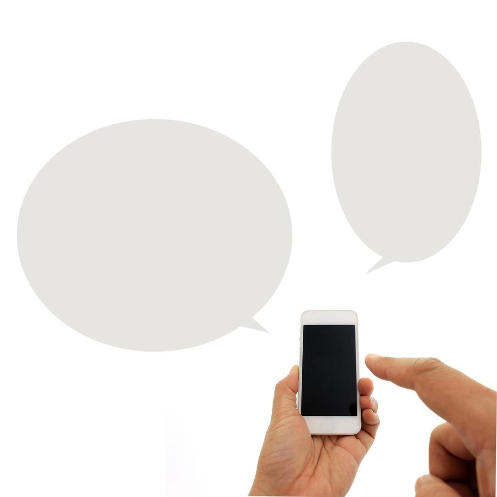 Person SMS-Modell mit grauen Sprechblasen foto