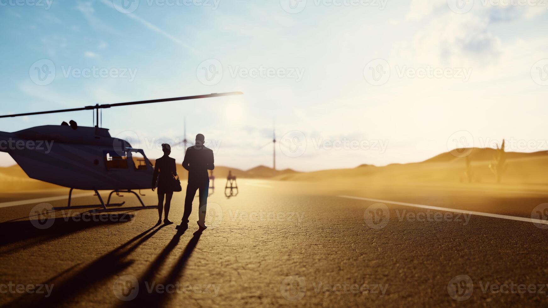 3d Rendering, Silhouette Geschäftsmann Umgang Projekt draußen Hubschrauber foto