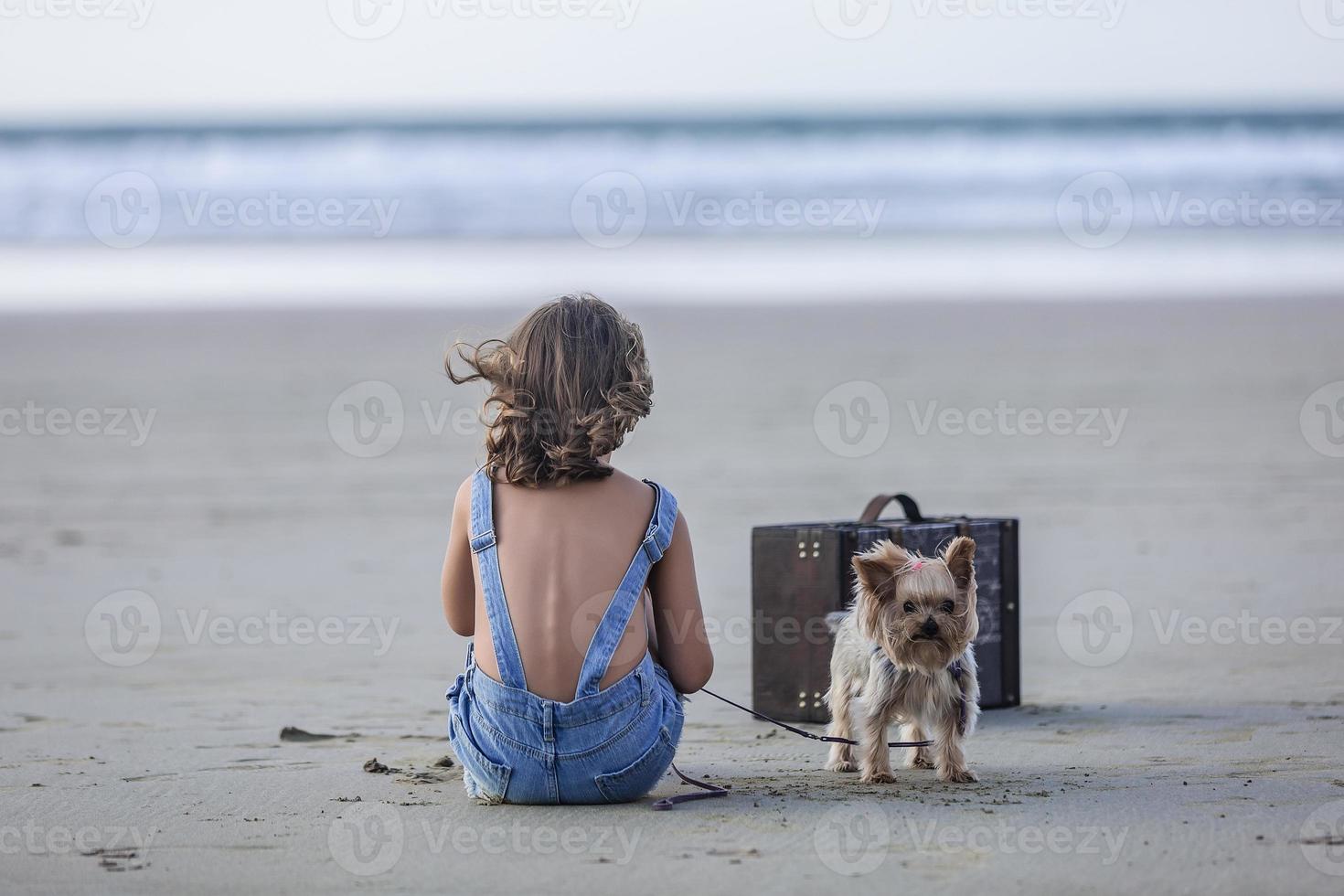 Yorkshire Terrier in der Nähe von Mädchen auf Strand foto