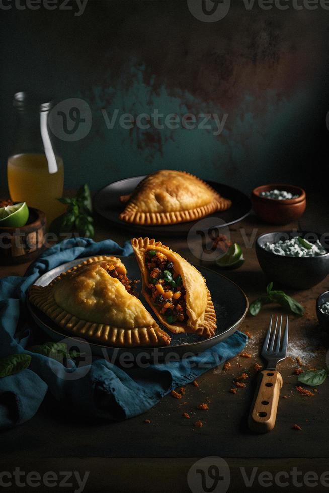 hingeben im das Reich Aromen von Latein Amerika mit unser Empanadas. lecker Bilder Vitrine traditionell, Straße Essen, und Gourmet Stile von diese Geliebte Gericht foto