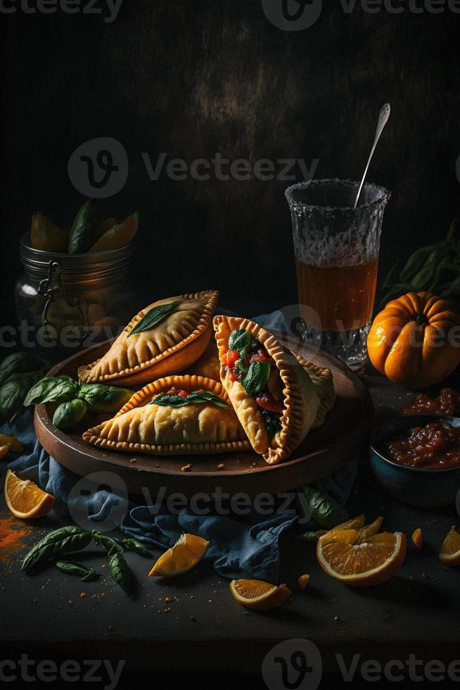 hingeben im das Reich Aromen von Latein Amerika mit unser Empanadas. lecker Bilder Vitrine traditionell, Straße Essen, und Gourmet Stile von diese Geliebte Gericht foto