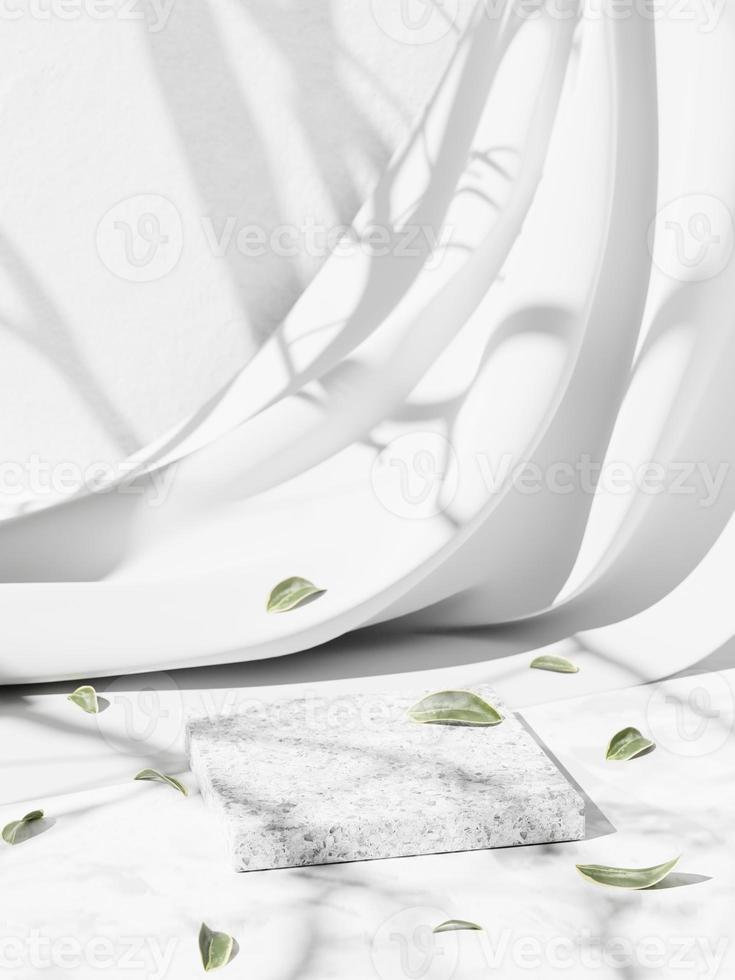 3d Marmor Anzeige Podium mit Grün Blätter auf Weiß Stoff Hintergrund. 3d Rendern von realistisch Präsentation zum Produkt Werbung. 3d minimal Illustration. foto