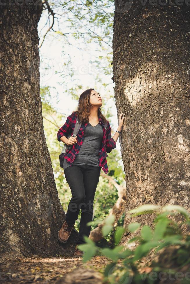 Wanderer, der zur Seite schaut, die im Wald geht foto