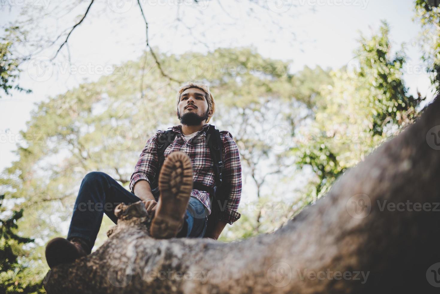 junger Hipster-Mann, der auf einem Ast im Park sitzt foto