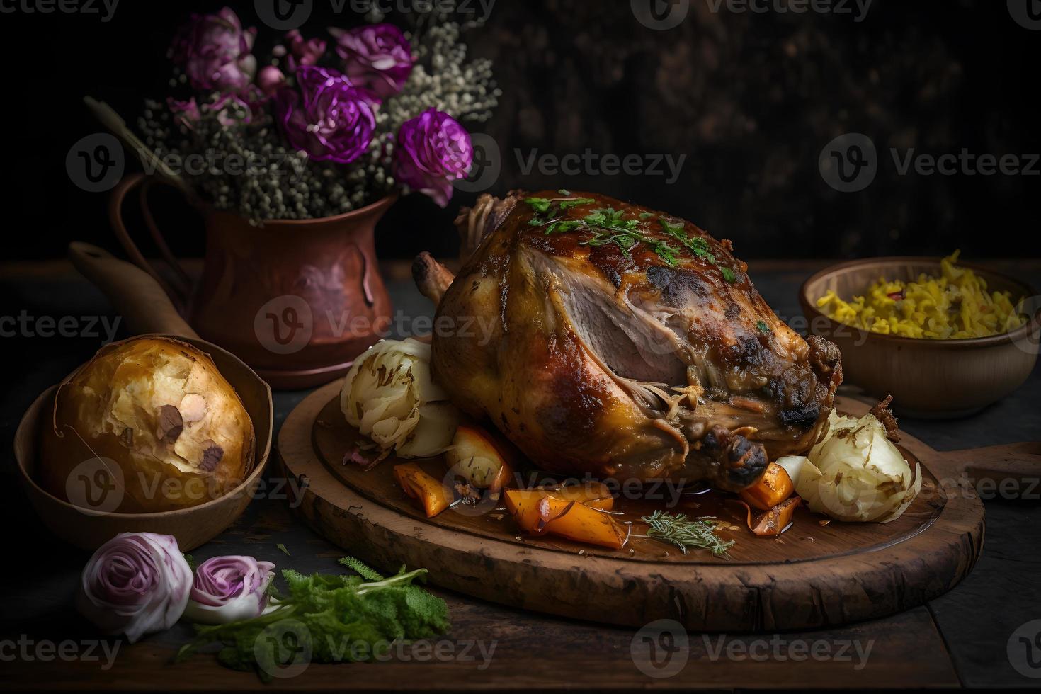 Cripsy geröstet Schweinefleisch Knöchel serviert mit Kartoffeln und eingelegt Kohl Essen Fotografie foto