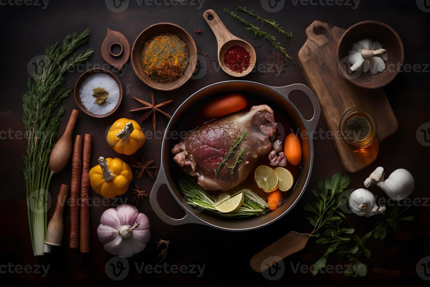 Zutaten zum geröstet Schweinefleisch Knöchel im Kasserolle mit Gewürze foto