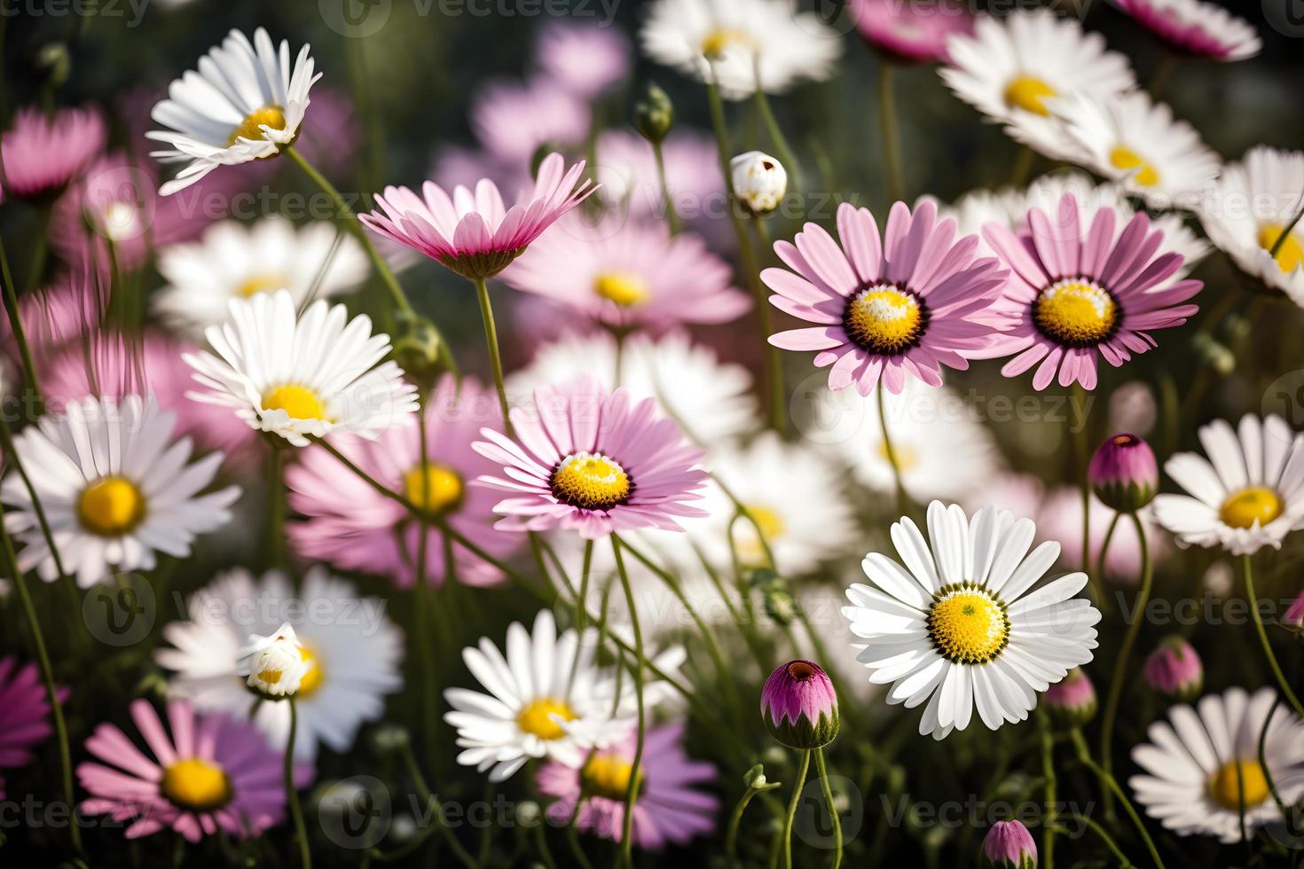 Wiese mit viele von Weiß und Rosa Frühling Gänseblümchen Blumen im sonnig  Tag 20132295 Stock-Photo bei Vecteezy