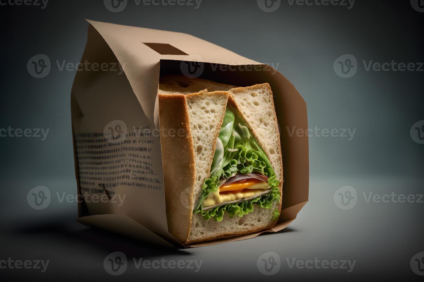 hausgemacht nehmen Weg Sandwich verpackt im ein grau Papier Essen Fotografie foto