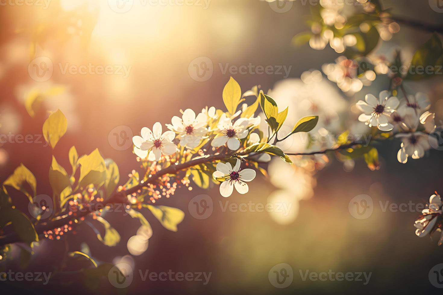 Frühling blühen Hintergrund. Natur Szene mit Blühen Baum und Sonne aufflackern. Frühling Blumen. schön Obstgarten Fotografie foto