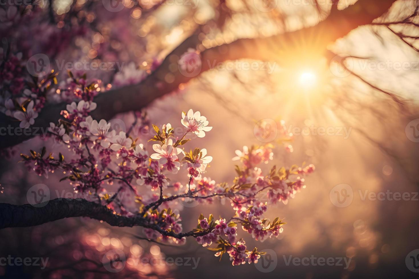 Frühling blühen Hintergrund. Natur Szene mit Blühen Baum und Sonne aufflackern. Frühling Blumen. schön Obstgarten Fotografie foto