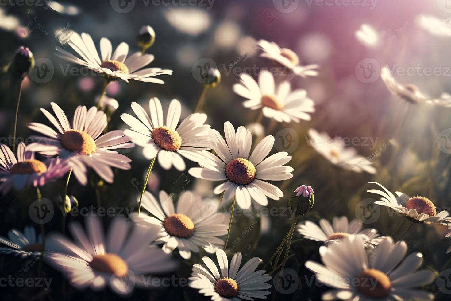 Wiese mit viele von Weiß und Rosa Frühling Gänseblümchen Blumen im sonnig Tag foto