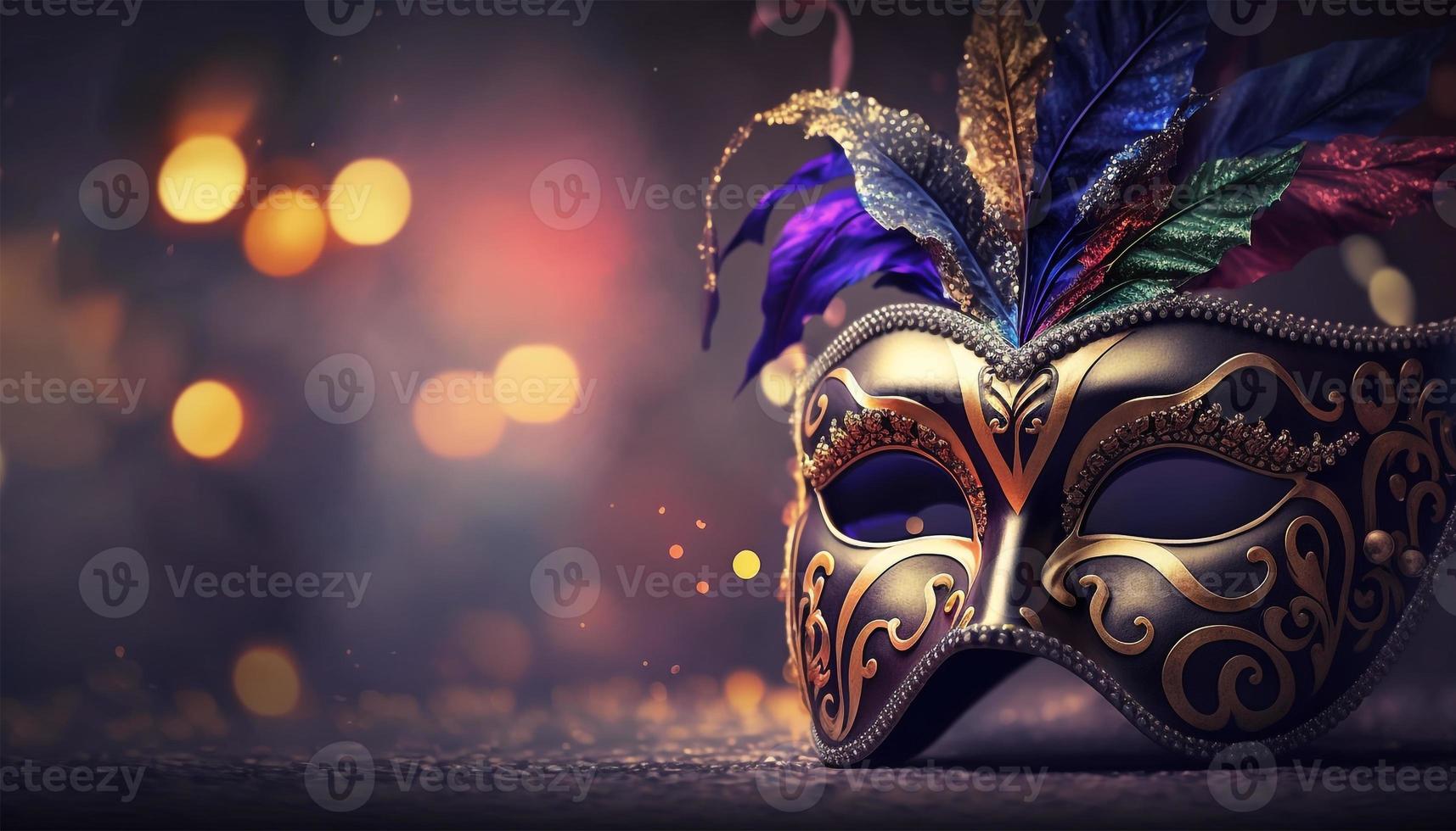 Karneval Party. venezianisch Maske auf dunkel Bokeh Hintergrund. Festival Dekoration. foto