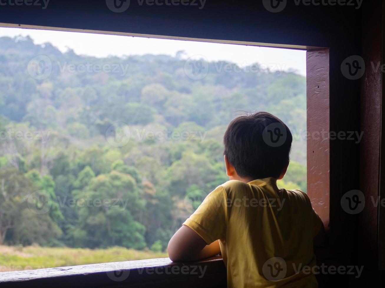 Junge, der aus dem Fenster blickt und den grünen Wald betrachtet foto