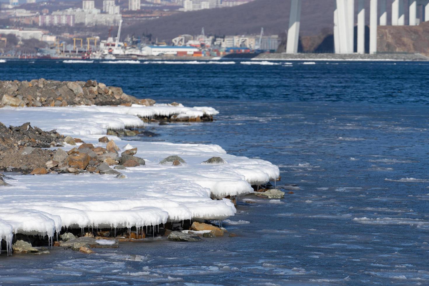 Seelandschaft mit schneebedeckter Küste und Gewässer foto