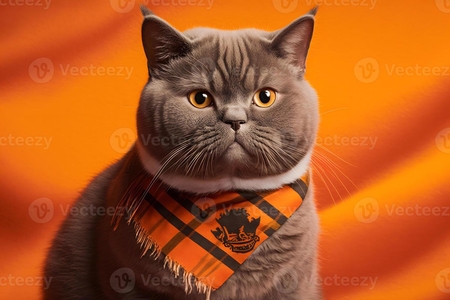 Porträt Porträt von ein Katze schottisch Gerade mit ein Banner im Pfoten auf ein Orange Hintergrund Fotografie foto