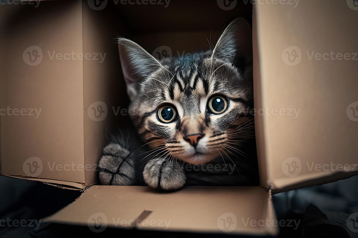 Porträt süß grau Tabby Katze im Karton Box auf Fußboden beim Zuhause Fotografie foto