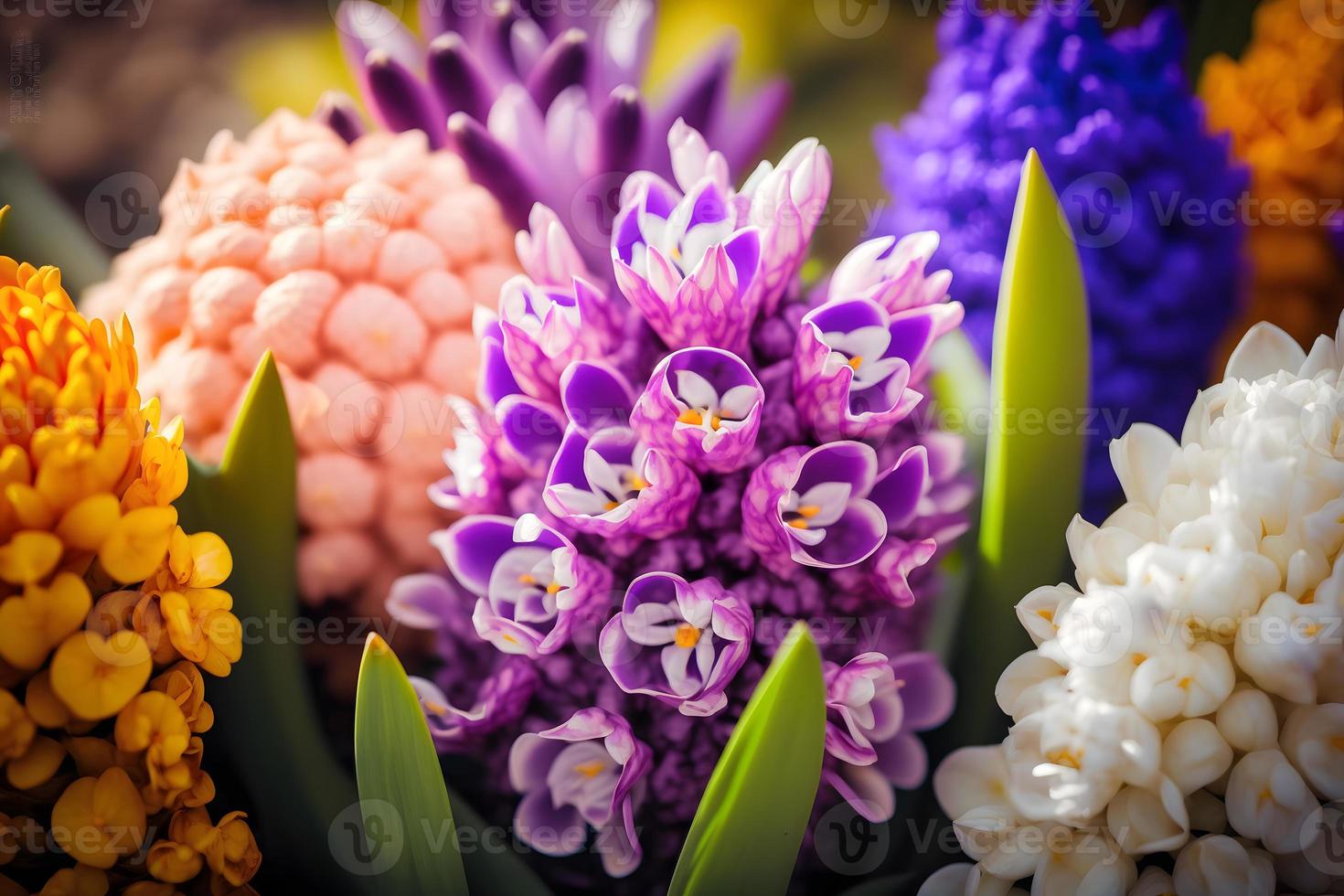 Foto groß Blume Bett mit mehrfarbig Hyazinthen, traditionell Ostern Blumen, Blume Hintergrund, Ostern Frühling Hintergrund